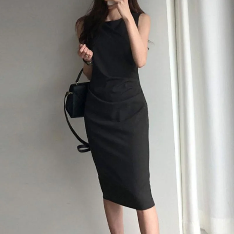 Elegant professional round neck design sense bag hip dress