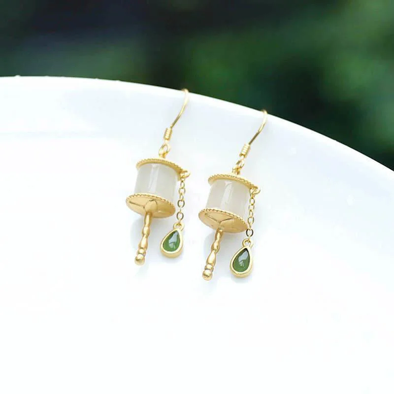 925 Sterling Silver Jade Prayer Wheel Luck Drop Earrings