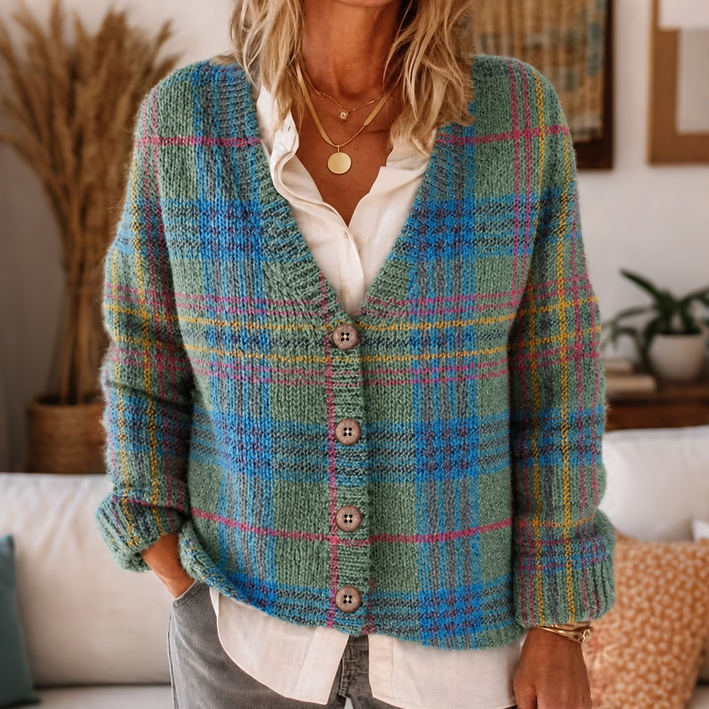 Comstylish Women's Retro Plaid Pattern Art Casual Knit Cardigan