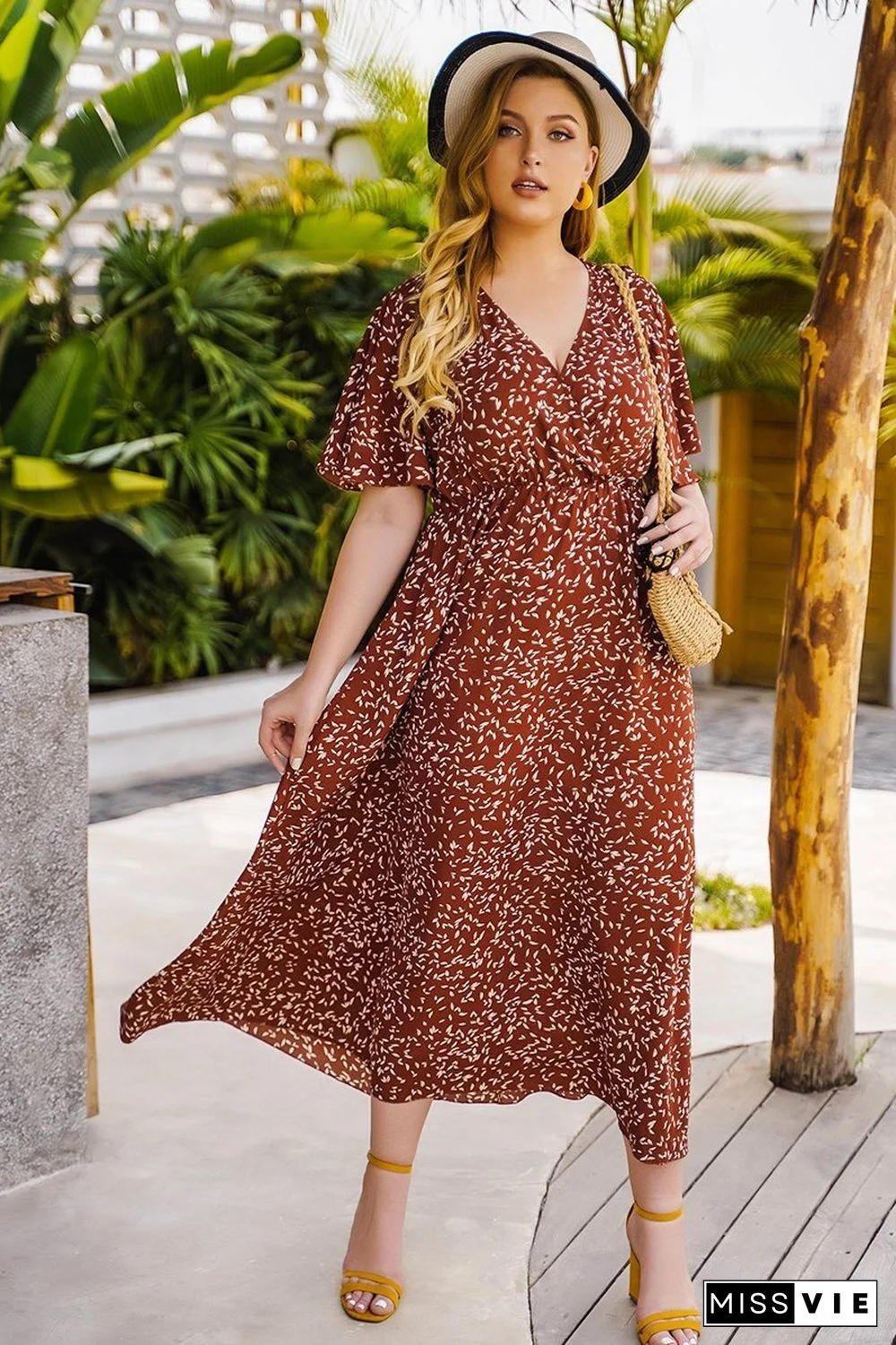 Red Floral Print V-neck Wrap Dress P14346
