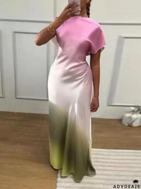 Sleeveless Wrap Contrast Color Gradient Zipper Round-Neck Maxi Dresses