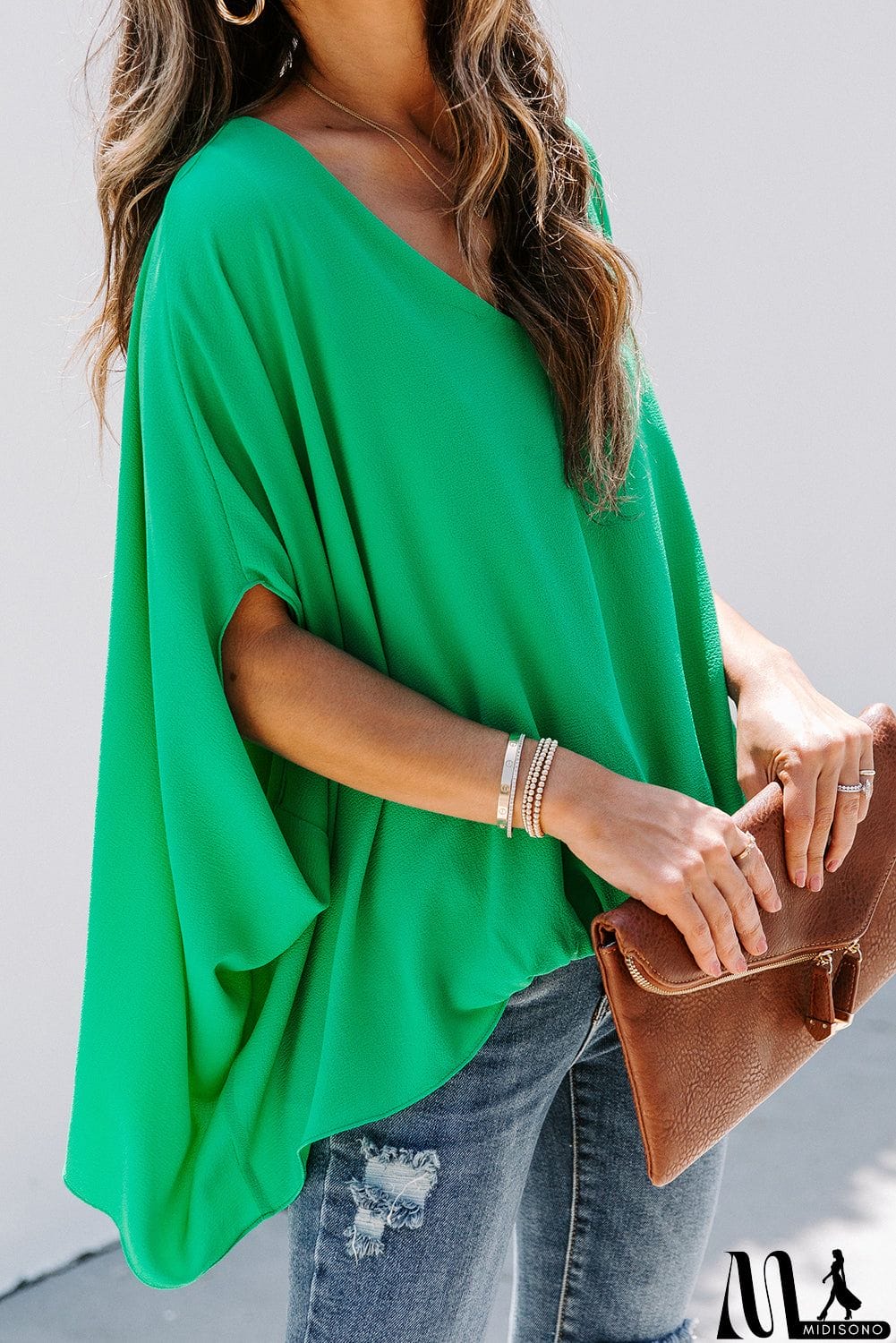 MidiSono - Draped Dolman Sleeves V Neck Blouse