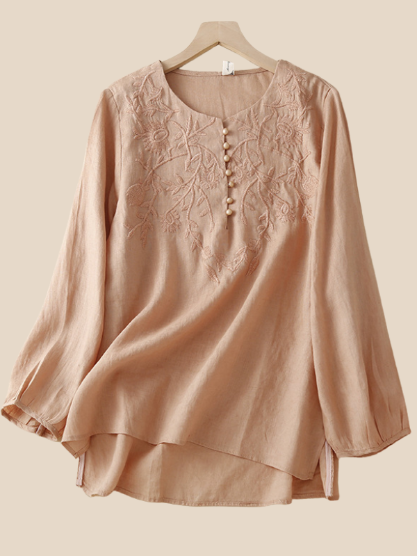 Women's Blouse Embroidered Floral Pattern Shirt Crew Neck Long Sleeve Loose Blouse