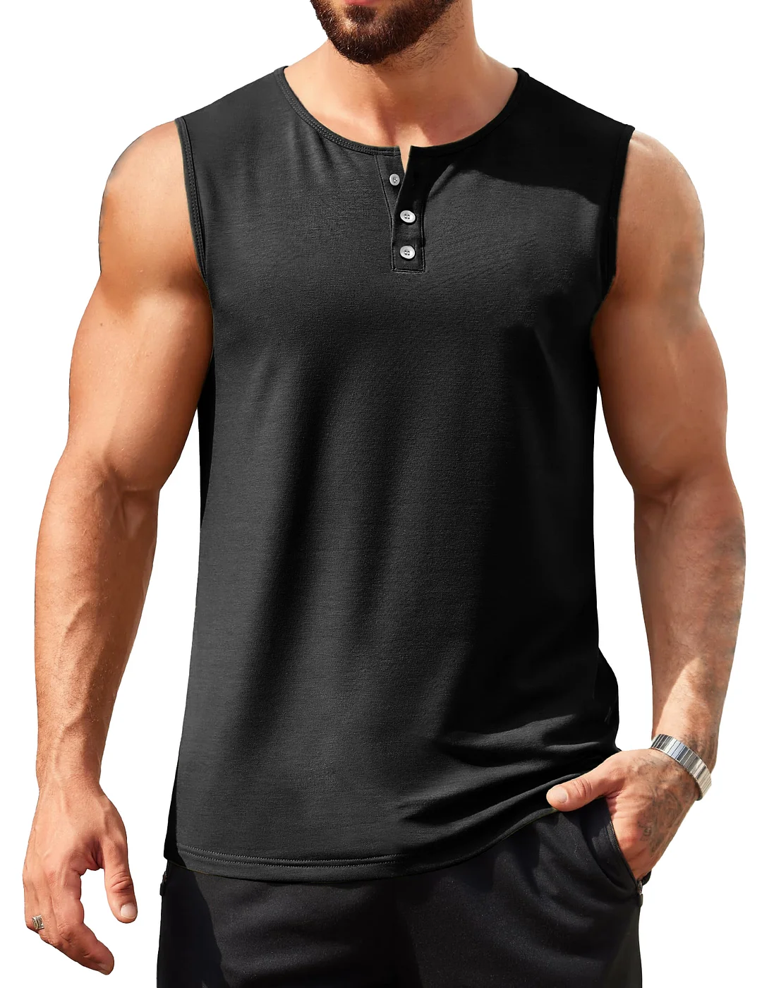 Men's Hawaiian Casual Comfort Button-Down Crew Neck Sleeveless Henley Shirt