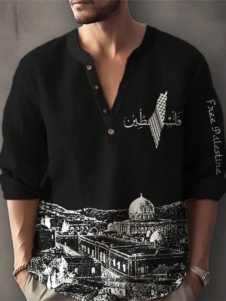 Men's Free Palestine Map & Landscape Linen Blend Shirt