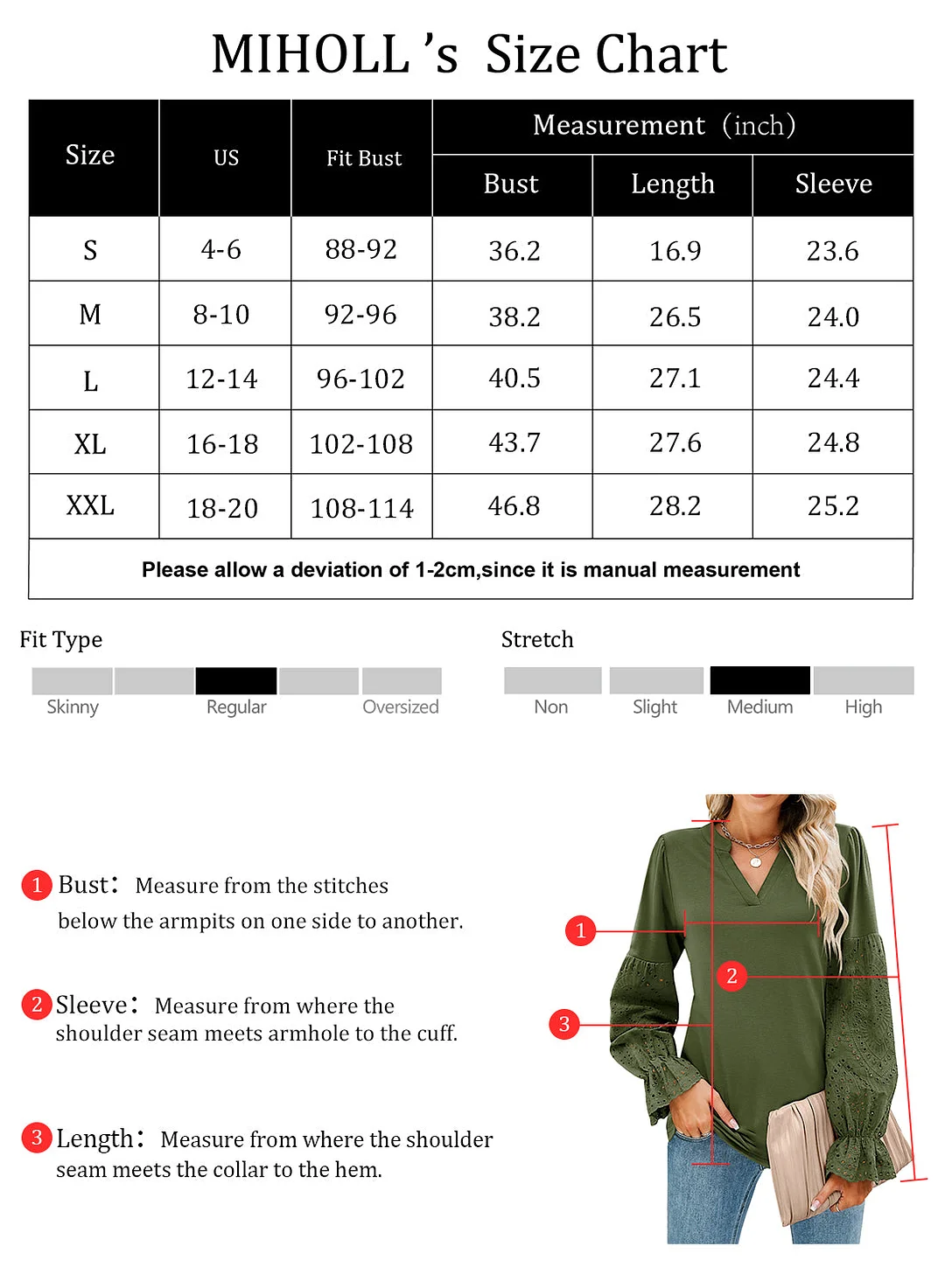 MIHOLL Women V Neck Long Sleeve Shirt Lace Crochet Loose Casual Top Blouse