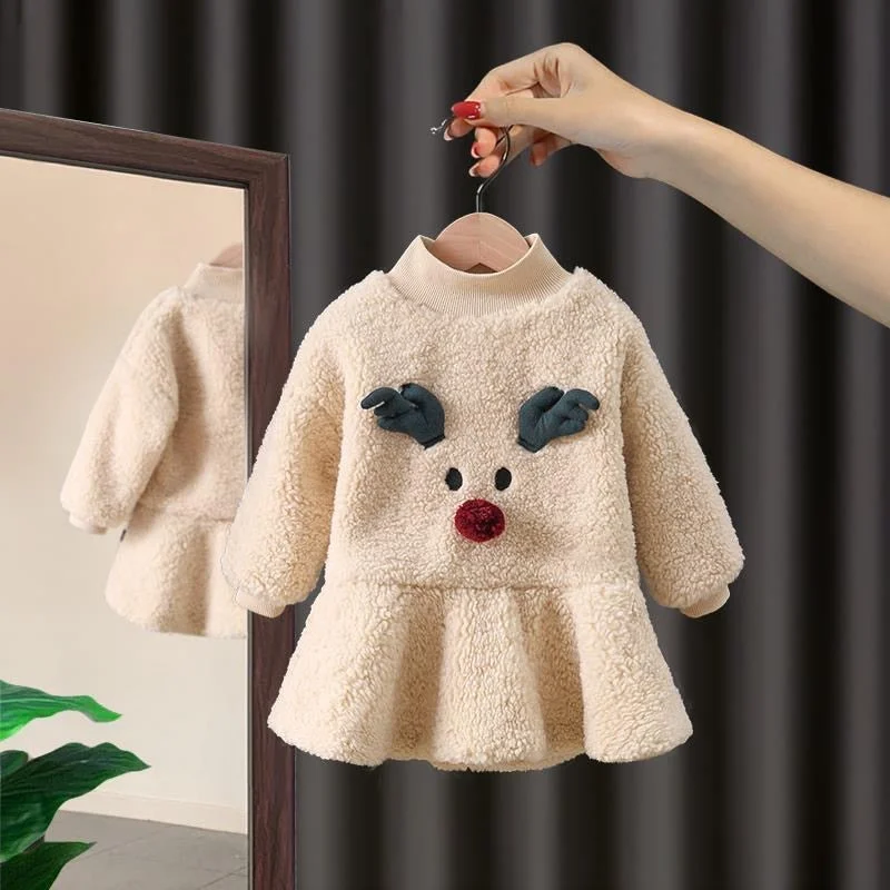 Newborn Girl Christmas Elk Dress Warm Fleece Infant Toddler Baby Thick Dress Outfit Winter 3D Catoon New Year Party 0-7Y