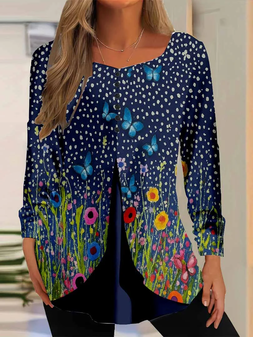 Women Floral,Blue DZGG8366 Long Sleeve Scoop Neck Printed Graphic Button Fake 2in1 Tops
