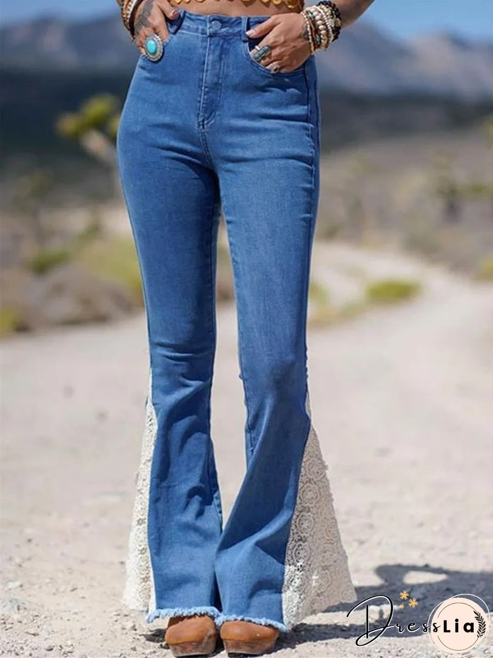 Women Lace Joint Denim Bell-Bottomed Pants