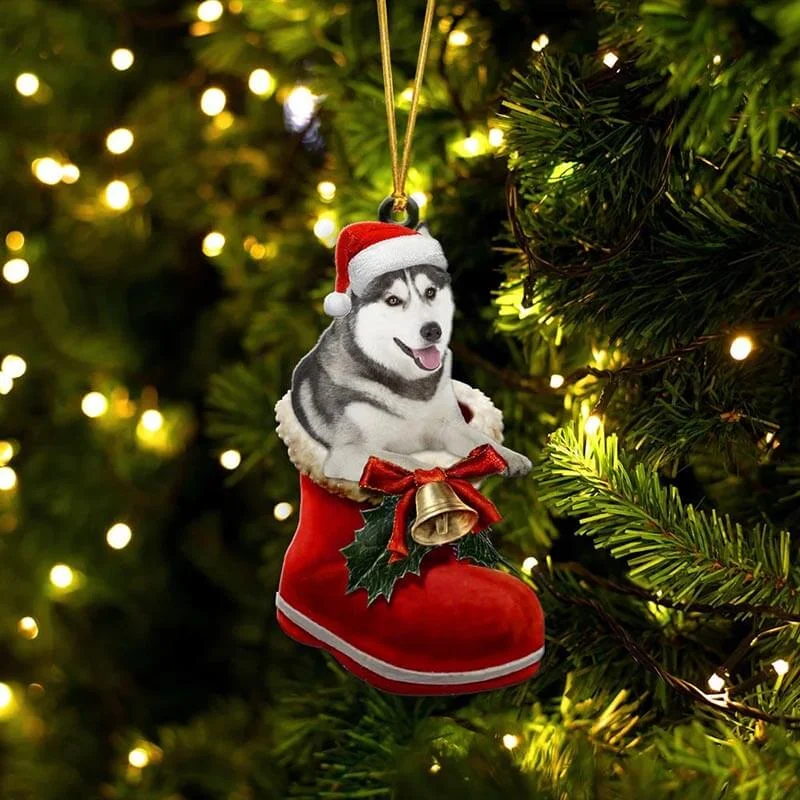 VigorDaily Grey Husky In Santa Boot Christmas Hanging Ornament SB048