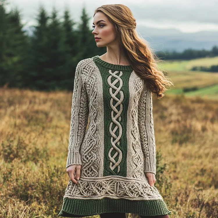 VChics Women's Irish Celtic Knotted Contrast Sweater Dress