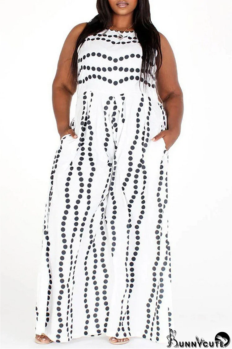 White Fashion Casual Print Basic O Neck Plus Size Jumpsuits