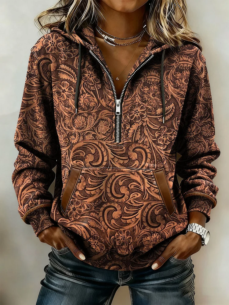 Women's Casual Retro Western Zipper Thick Sweatshirt 