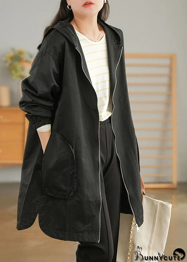 Plus Size Black Zip Up Solid Color Cotton Trench Coats Fall