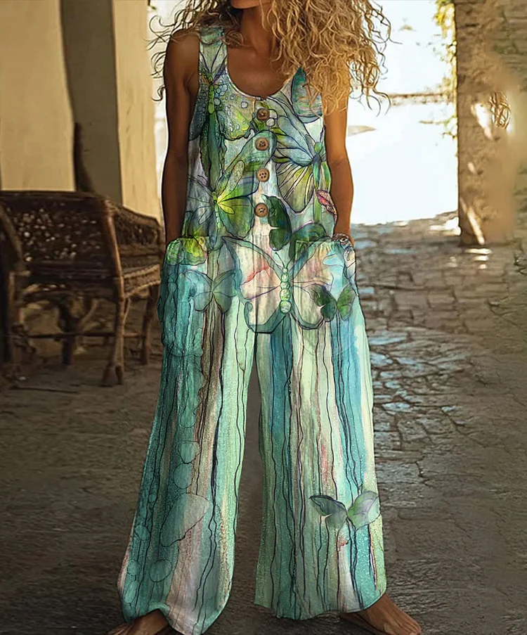 Vintage Butterfly Floral Art Print Casual Wide Leg Jumpsuit