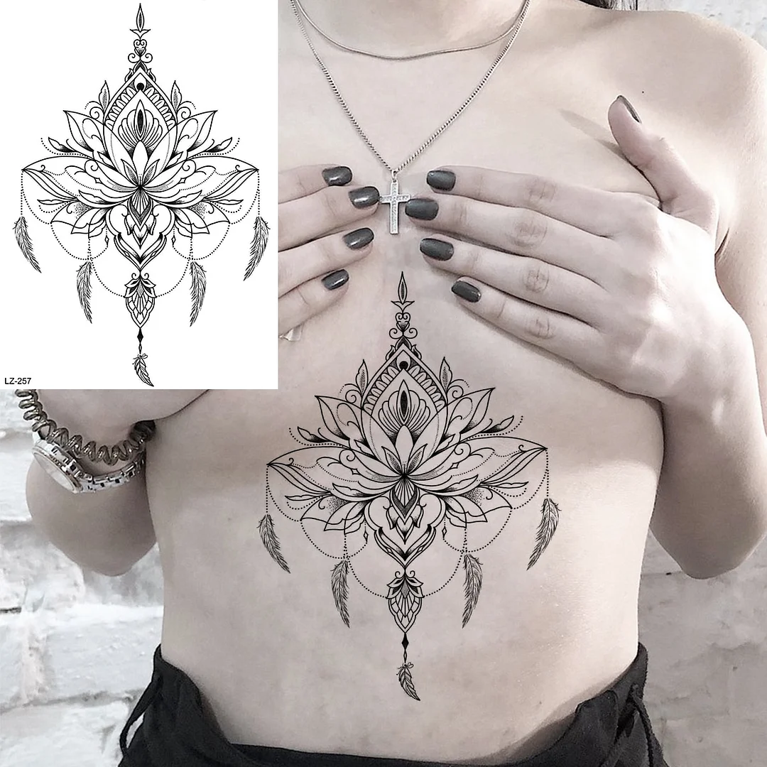 Sdrawing Mandala Lotus Pendant Sexy Henna Temporary Tattoos For Women Underboob Adult Butterfly Feather Fake Tattoo Arm Tatoos