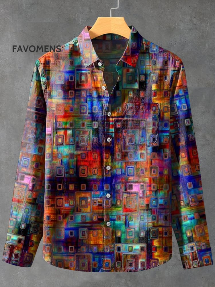 Metallic Texture Square Pattern Decorative 100% Cotton Long Sleeve Shirt Multicolor / S