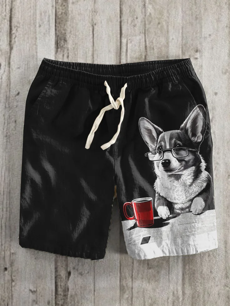 Men's Fun Newspaper Work Dog Print Casual Shorts
