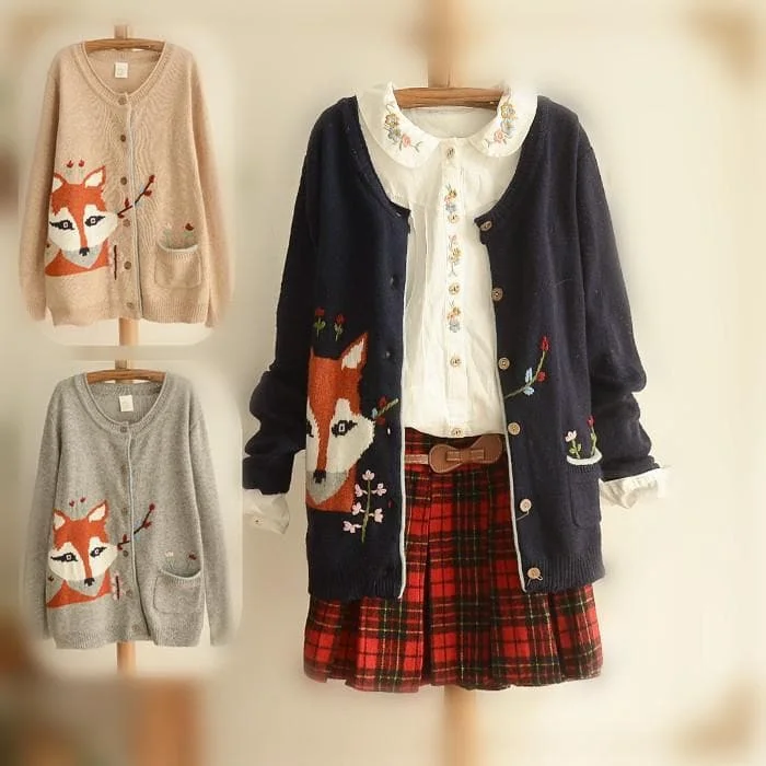 Grey/Beige/Navy Lovely Fox Mori Girl Cardigan Coat SP154310