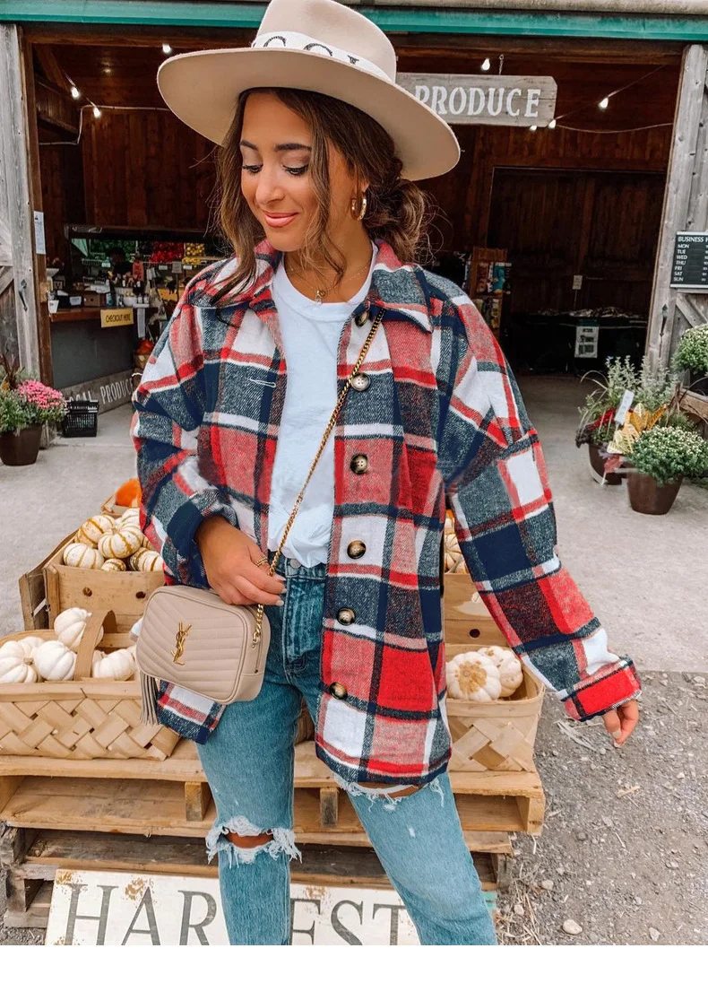 Nigikala Nigikala Net Red Autumn Street Temperament Long-Sleeved Collar Loose Women's Plaid Shirt Long Coat