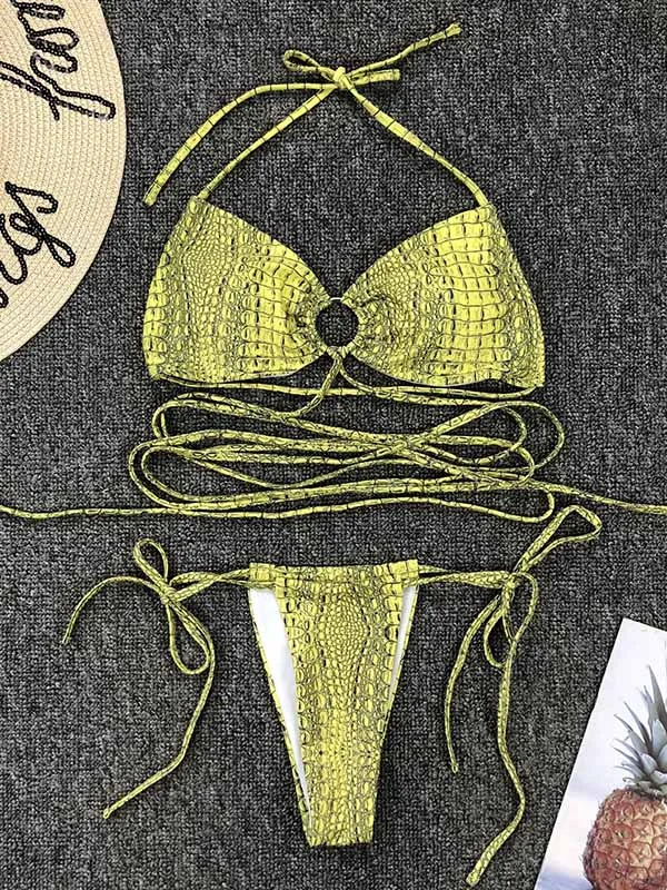 Snake-Print Bandage Bandeau Split Bikini Swimsuit