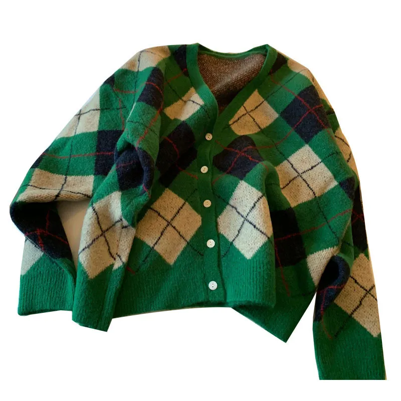Churchf Version Bump Color Diamond Case Knitting Cardigan Female Autumn Winter New Wear Retro Loose V-Neck Sweater Coat Female
