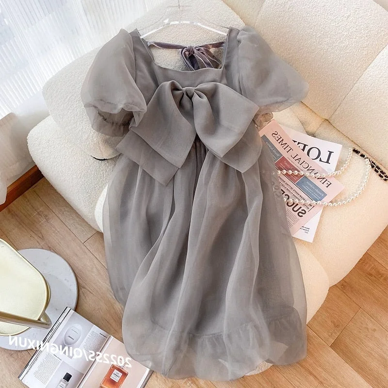 Grey French Vintage Elegant Mesh Dresses Women Summer Blue Retro Puff Sleeves Bow Evening Party Sweet Princess Fairy Dress 2022