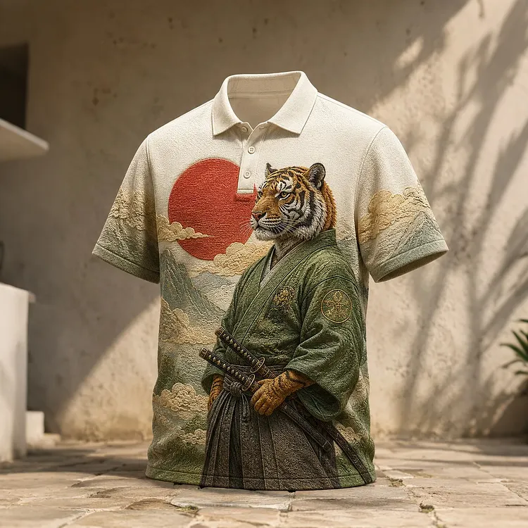 Men's Samurai Tiger Red Sun Mountain Cloud Floating World Print Polo Shirt