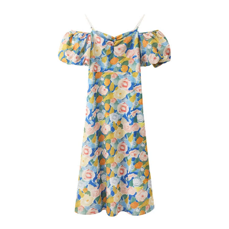 Oil Painting Floral Print Puff Sleeve Split Pearl Slip Dress - Modakawa modakawa