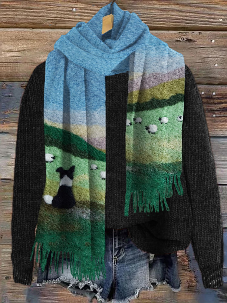Comstylish Border Collie & Sheep Landscape Felt Art Cozy Scarf