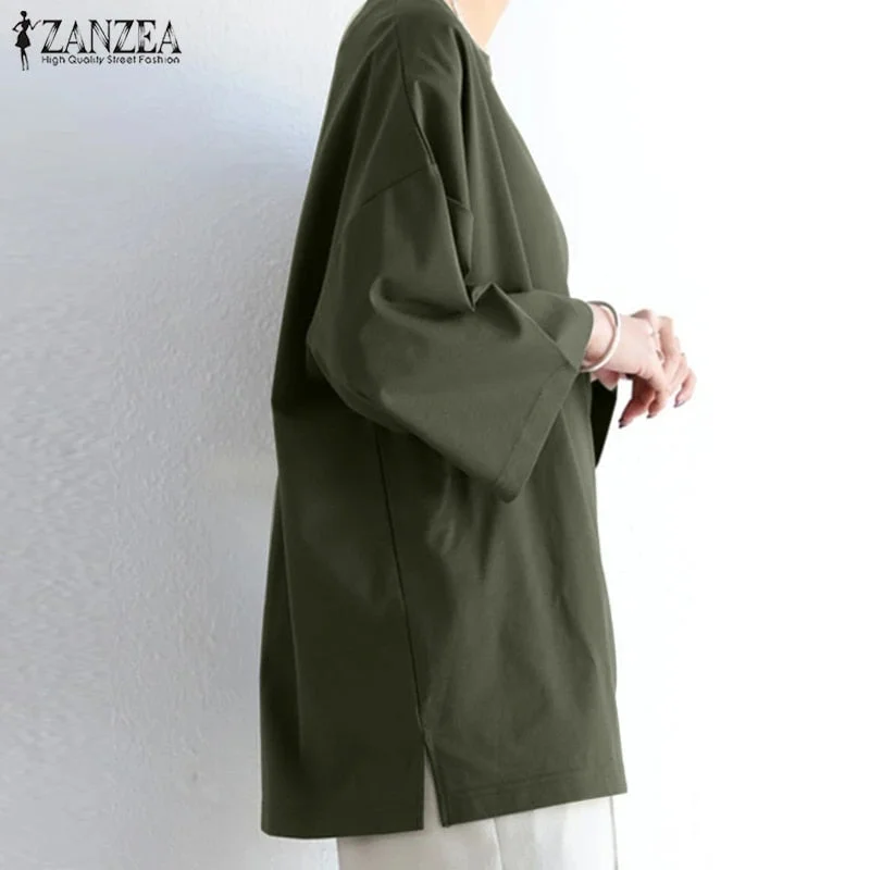 Women Casual Loose Blouse ZANZEA Summer Long Sleeve Solid Tops Female Work Blusas Spring Shirt Chemise Baggy Tunic