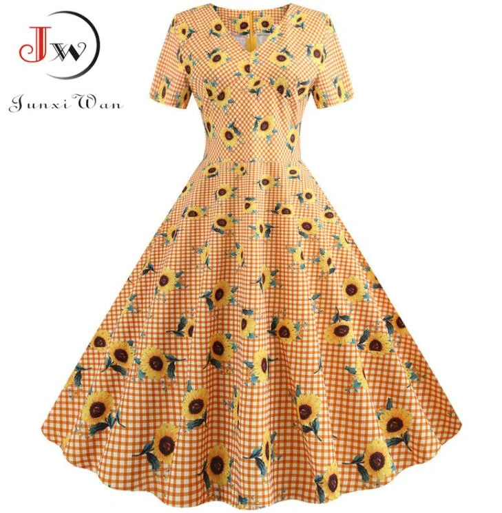 Plaid Print Short Sleeve Summer Vintage Dress Women 2022 Casual V neck Elegant Slim Office Party vestidos Robe Femme