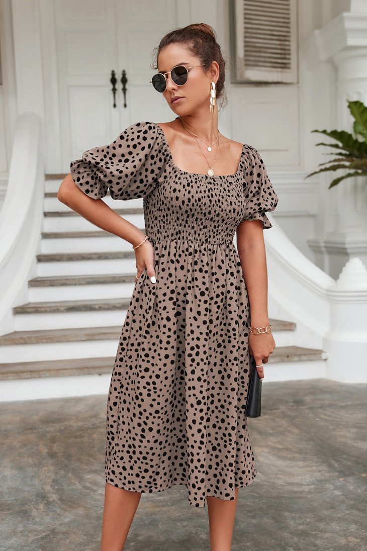 Promsstyle Square neck short sleeve polka dots print soft midi dress Prom Dress 2023