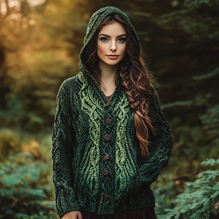 VChics Women's Celtic Knotted Contrast Gradient Button Hooded Pocket Sweater Cardigan
