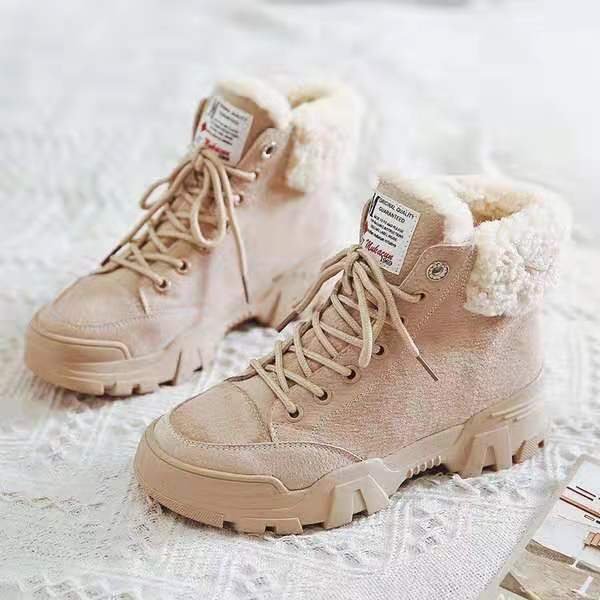 Ladies Snow Boots Plush Warm Fur Casual Martin Boots Shoes Sports Shoes Ankle Boots Thick-soled Lace-up Short-tube Winter Shoes