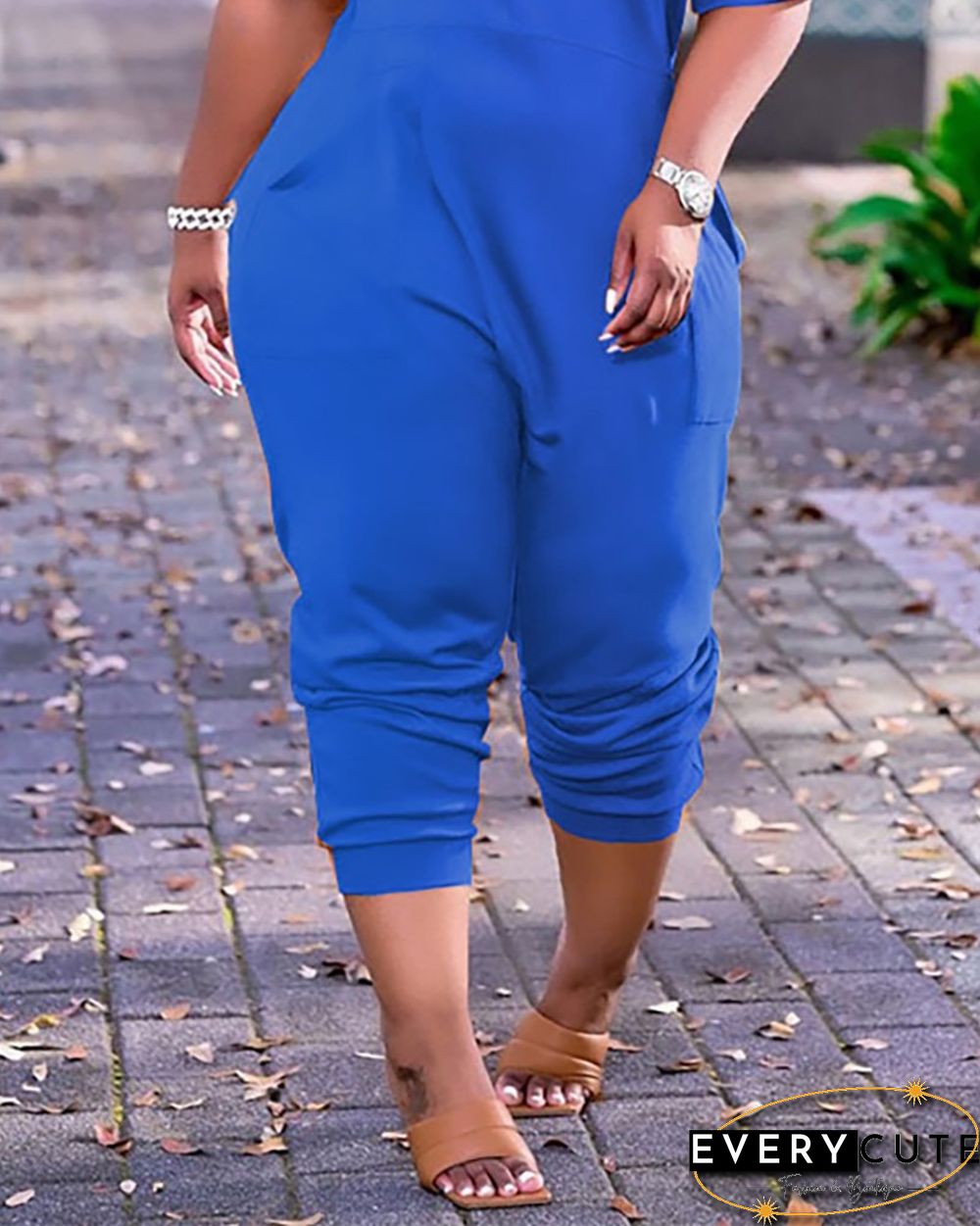 Letter Print V-Neck Short Sleeve Pocket Design Jumpsuit