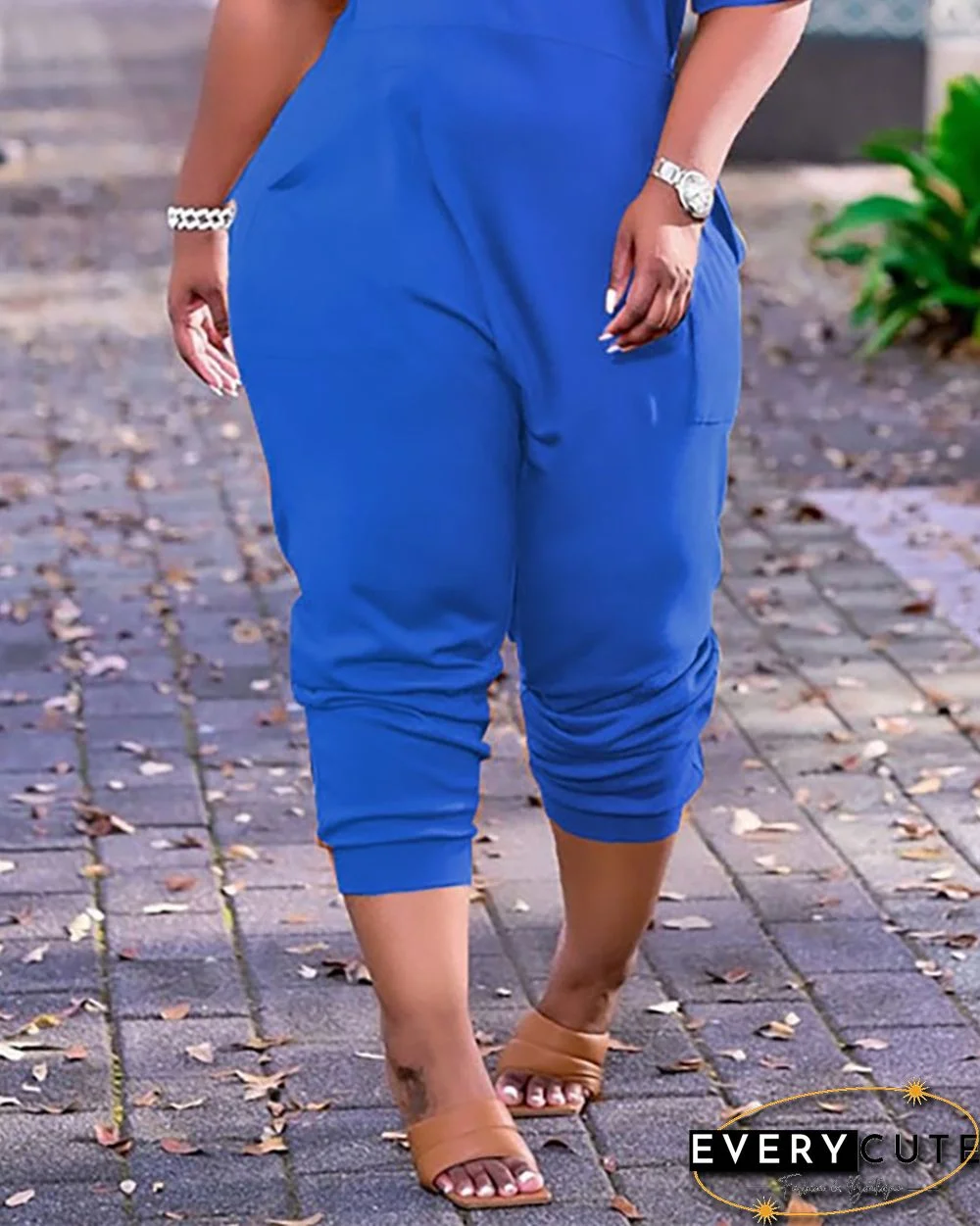 Letter Print V-Neck Short Sleeve Pocket Design Jumpsuit