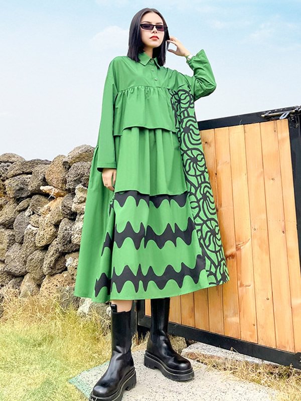 Black&Green Printed Tiered Loose Long Sleeve Shirt Dress