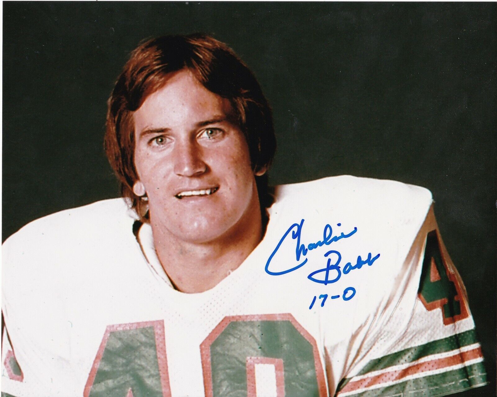 CHARLIE BABB MIAMI DOLPHINS 1972 17-0 ACTION SIGNED 8x10