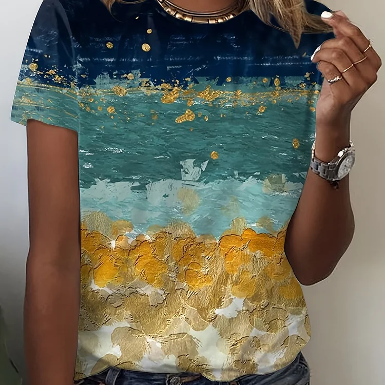 Women's Striped Tie Dye Block Top, Casual Crew Neck Short Sleeve Summer Daily Shirts, Women's Clothing