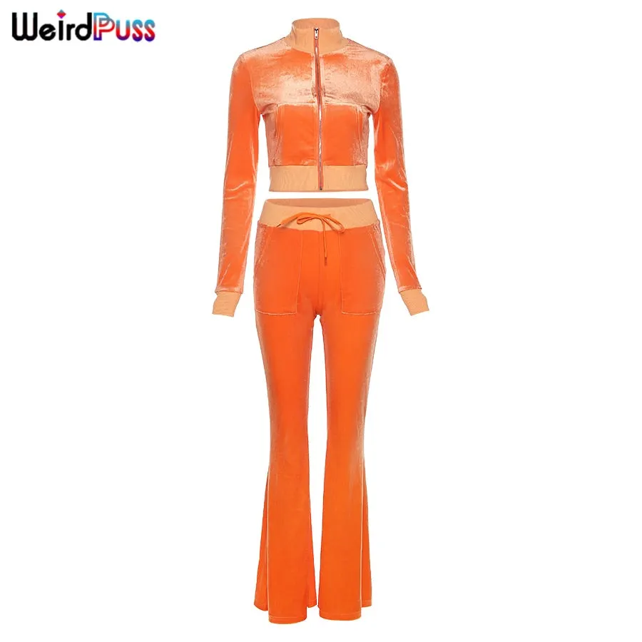 Weird Puss Velvet Women Tracksuit Skinny 2 Piece Set Zip Sporty Sweatshirt+Straight Pants Casual Fit Matching Streetwear Outfits