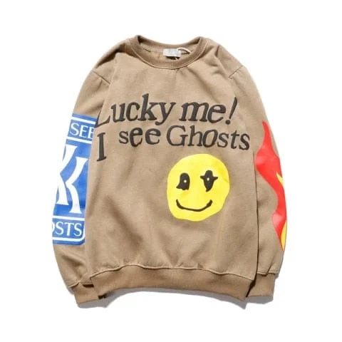 Khalesexx MSs KANYE Smiley Flame Print Round Neck Sweatshirt Men and Women Plus Velvet Streetwear Stranger Things Hoodie Pullover Mens Hoodies