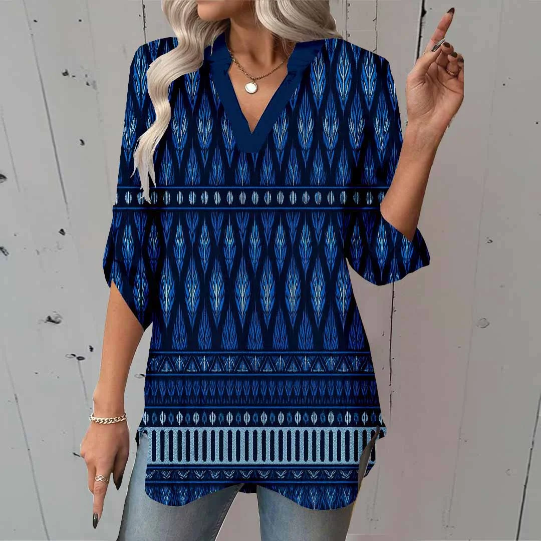 Women Geometric,Blue DZGA0296 3/4 Sleeve V-neck Printed Graphic Button Tops
