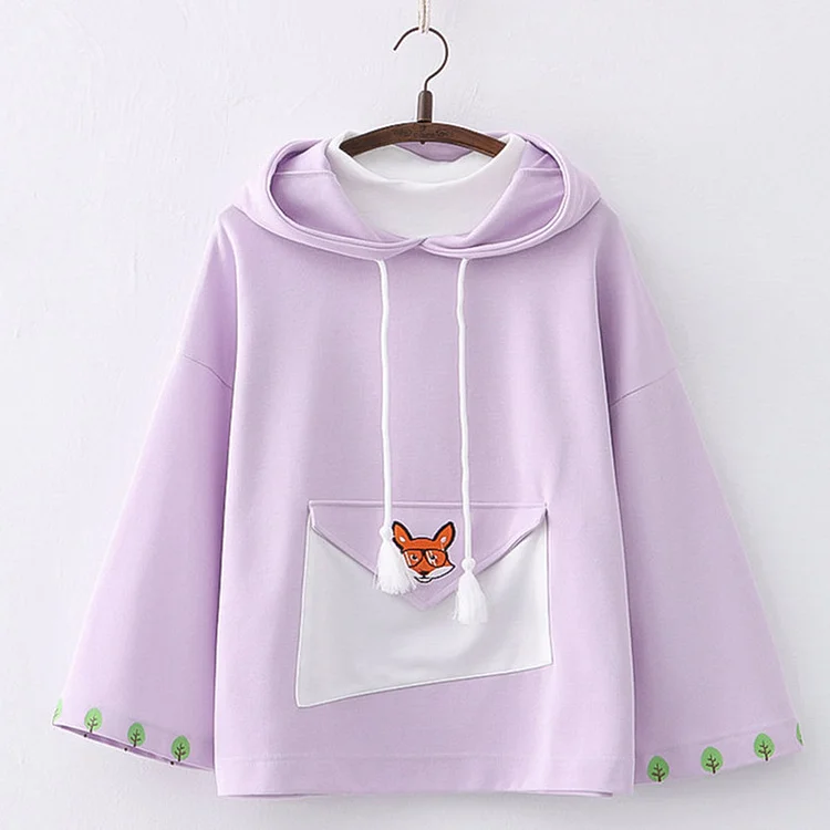 Fox Embroidery Pocket Casual Hoodie - Modakawa Modakawa