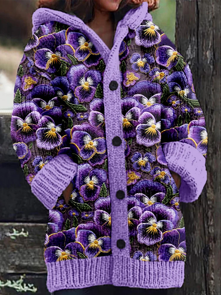 Purple Pansy Flower Embroidery Pattern Cozy Hooded Cardigan