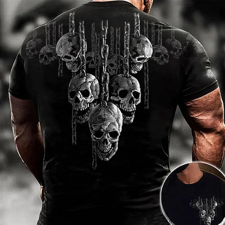 Mens Retro 3D Skull Chain Print Short Sleeve Vintage T-Shirt