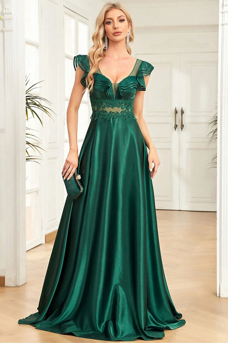Wedding Guest Dark Green Satin Deep V Neck Ruffle Sleeve Maxi Dress