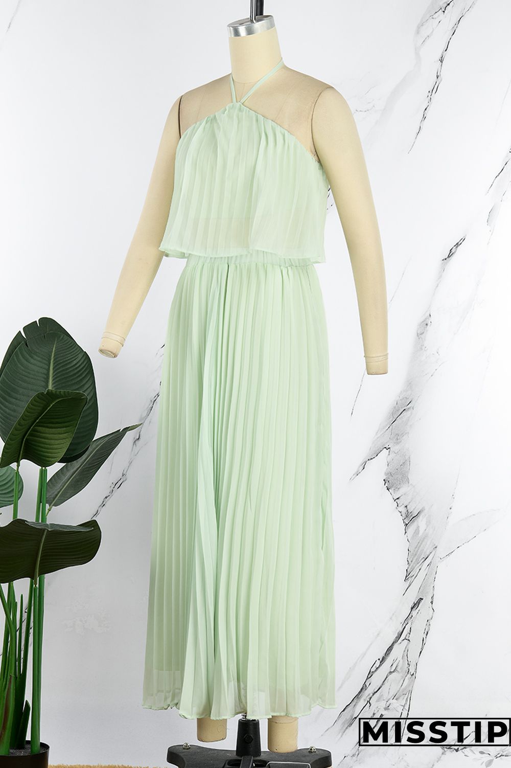 Mint green Casual Solid Bandage Backless Pleated Halter Sleeveless Two Pieces