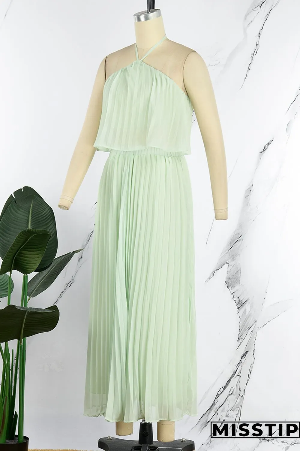 Mint green Casual Solid Bandage Backless Pleated Halter Sleeveless Two Pieces