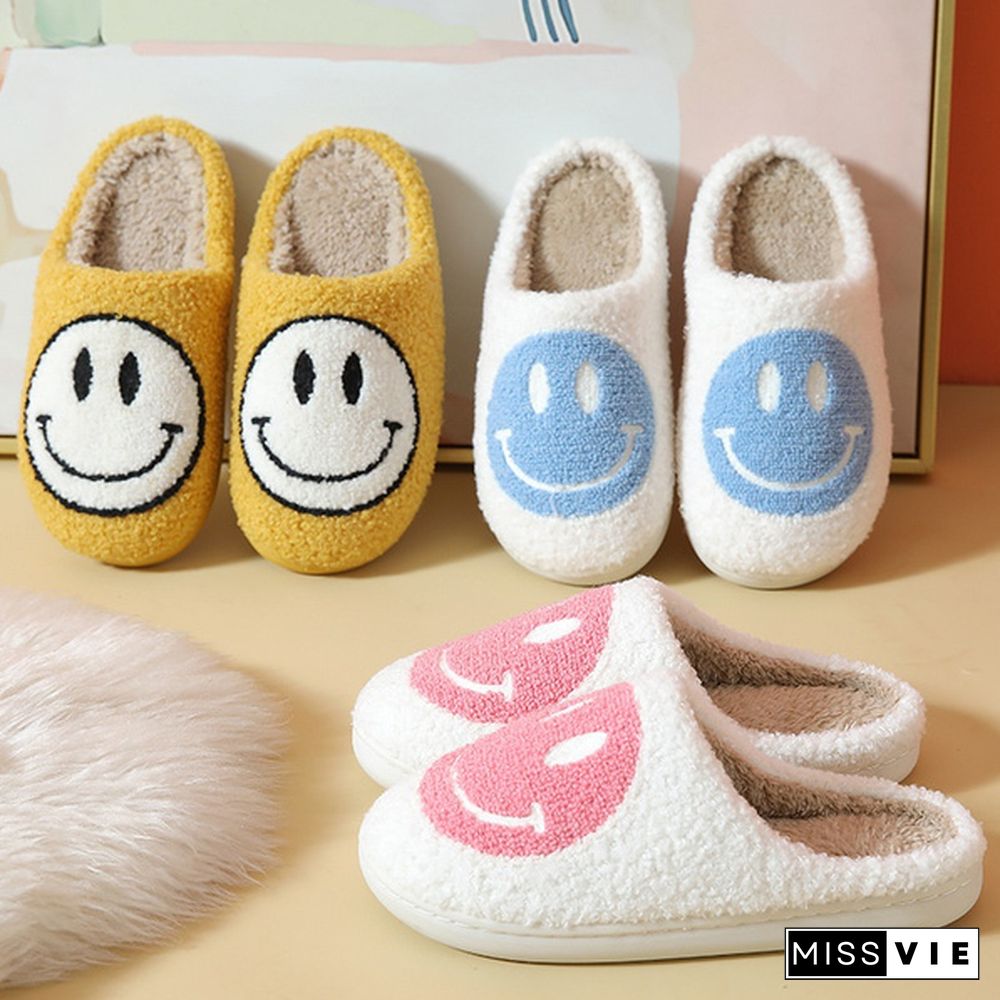 Winter House Girls Fur Slippers Cute Smiley Pattern Women Fluffy Warm Bedroom Ladies